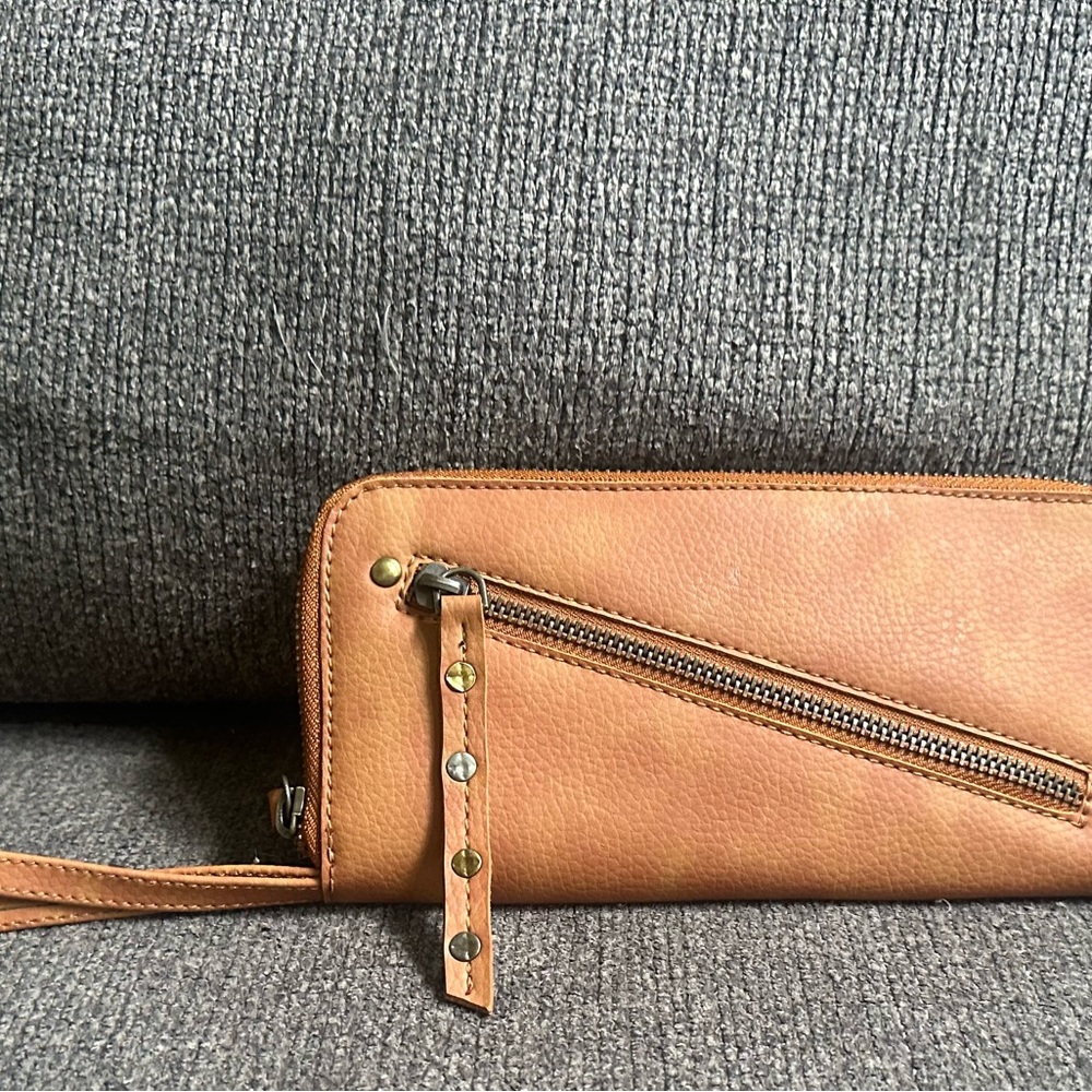 Free People Tan Leather Wristlet with Zipper Detail